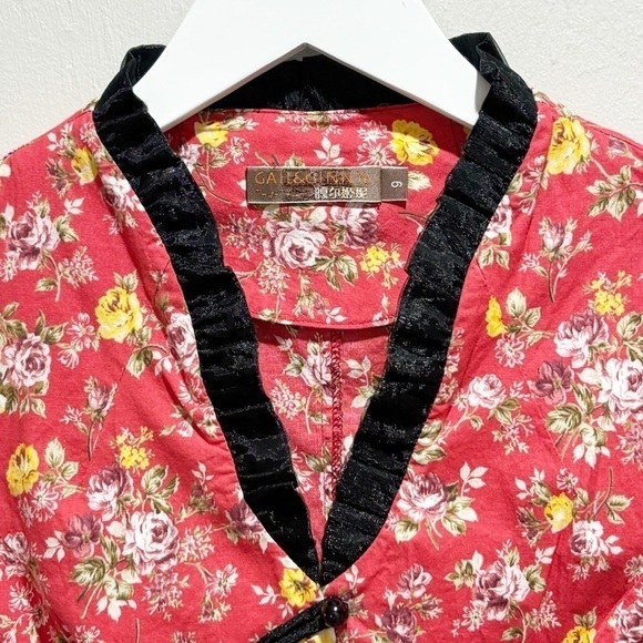 Vintage GAIL & GINNY Women’s Red Ditsy Floral Asian Inspired Blouse Top Size 9 - Picture 3 of 8